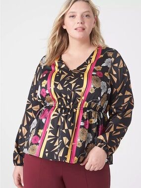 Lane Bryant Black Floral Blouse with Pink & Gold Accents